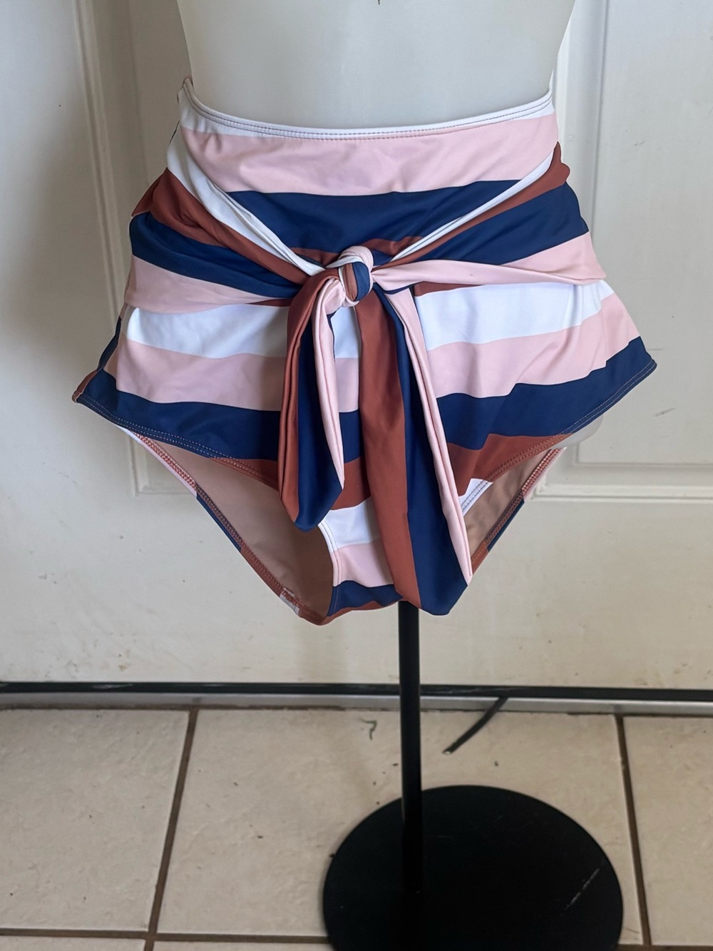 Large Kortni Jeane high waisted Retired Four Stripe" tie-up front swim bottoms.